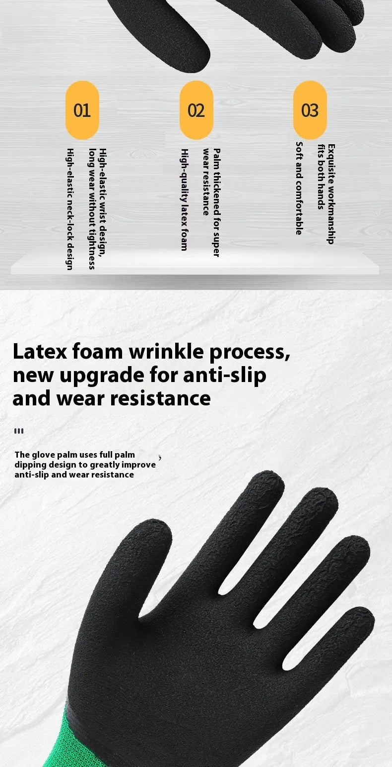 Black and green rubber work gloves with textured non-slip palm, shown from the side.