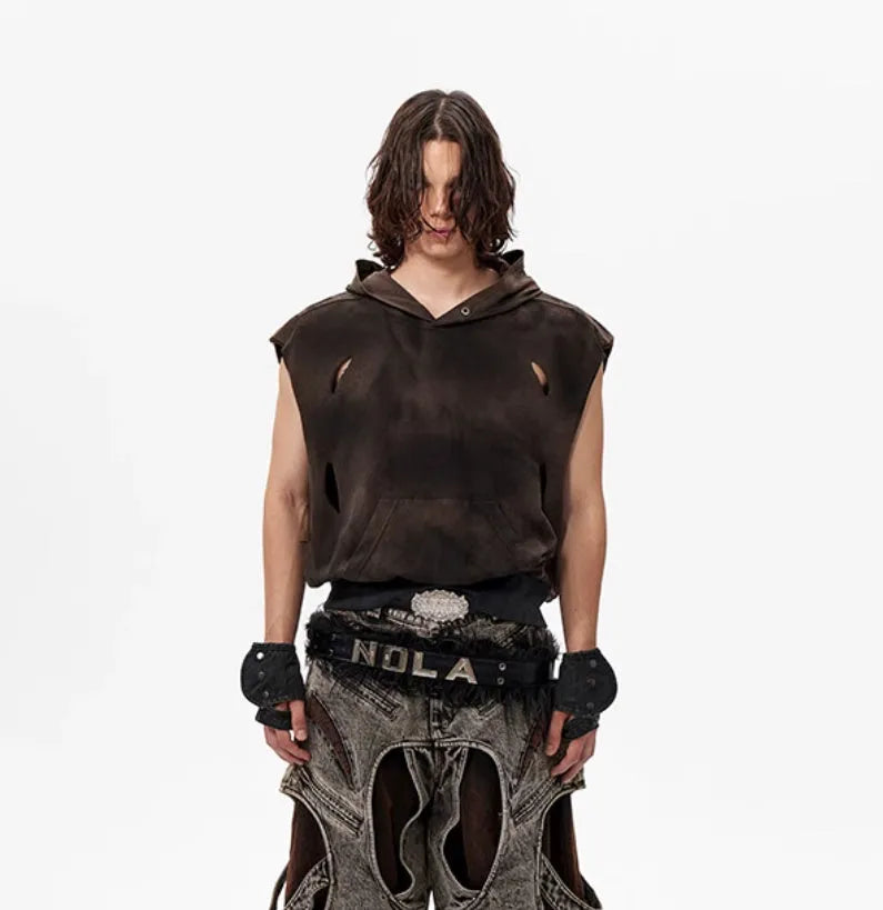 Khaki coloured cotton short sleeve hood vest on a hanger.