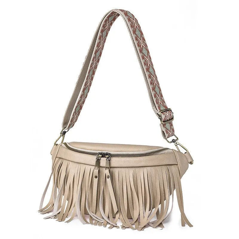 Retro style messenger bag with tassel decoration and pleated design in medium-soft PU material