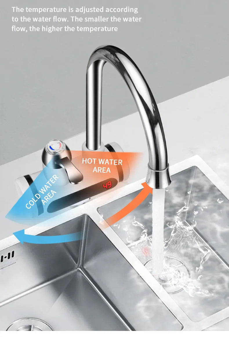 White kitchen electric water heater with digital temperature display, 3000W power, and 10L capacity