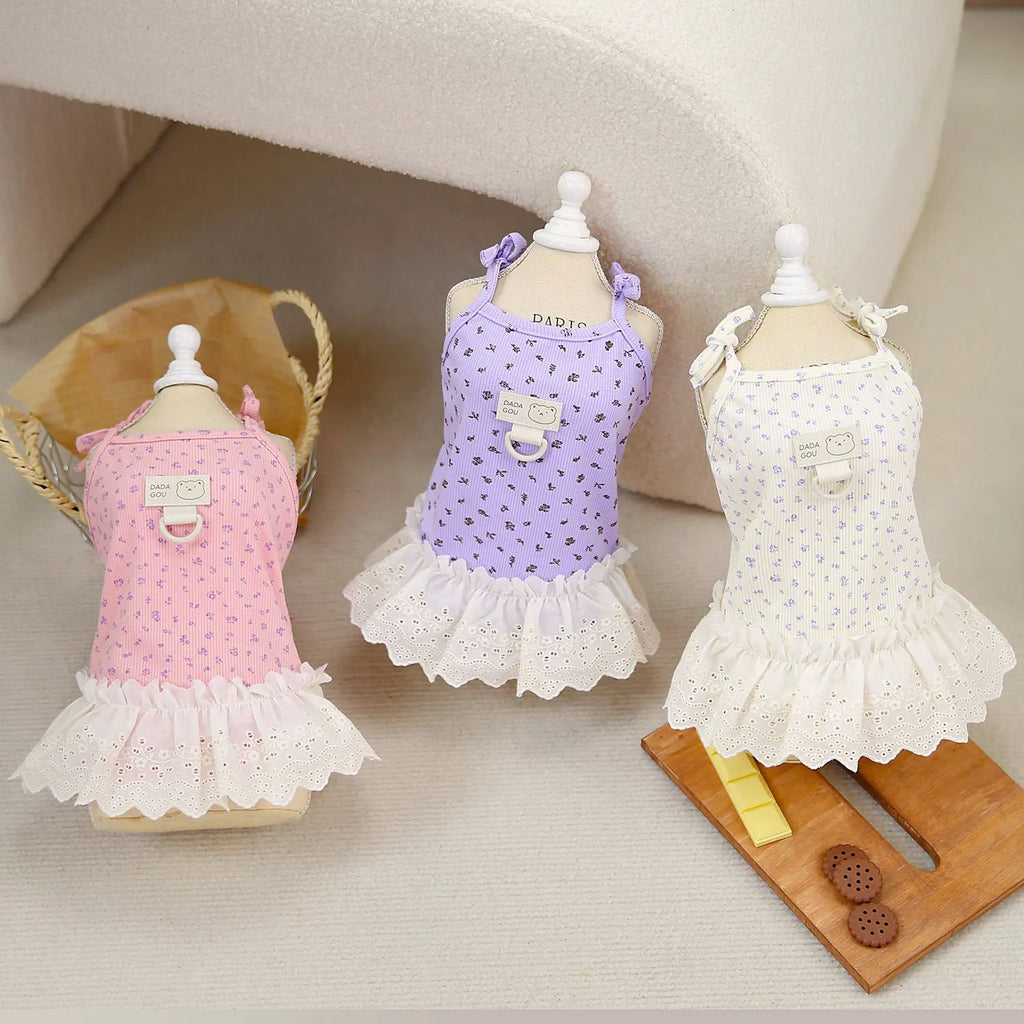 Cotton princess style pet dog clothes in light purple, beige, and pink, sizes S to XXL