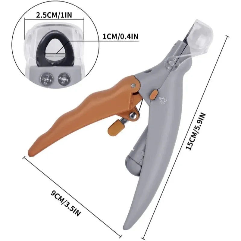 Yellow pet nail clipper with LED light on, magnifying lens, and safety guard for dogs and cats