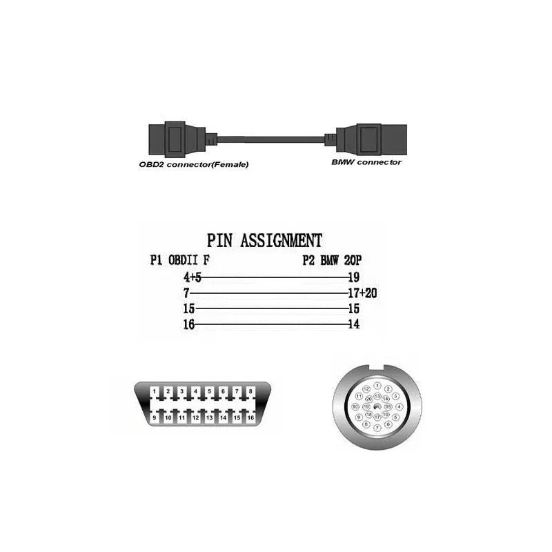 BMW 20-pin to OBD2 16-pin diagnostic connector adaptor cable for vehicle scanner compatibility