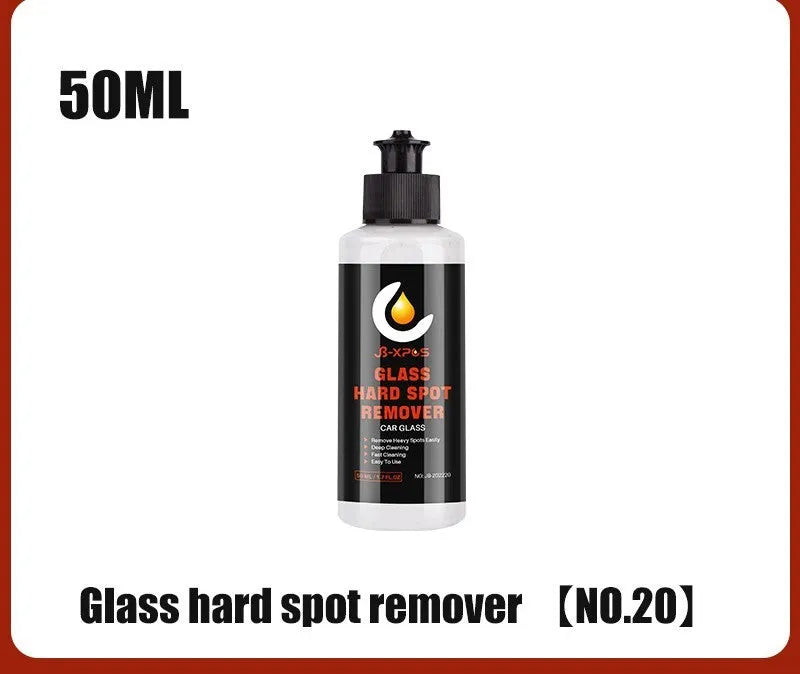 Glass oil film remover cleaning cream paste and cloth in 50ml, 100ml, and 200ml sizes.
