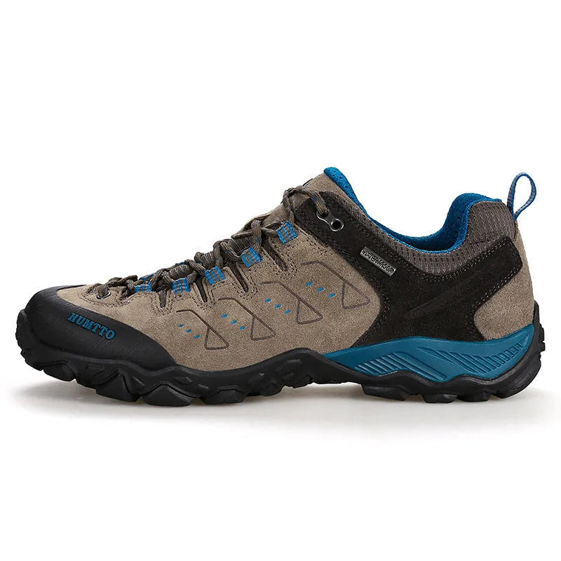 Men's low top waterproof hiking shoes with black rubber sole and EVA outsole, brown colour, spring autumn walking