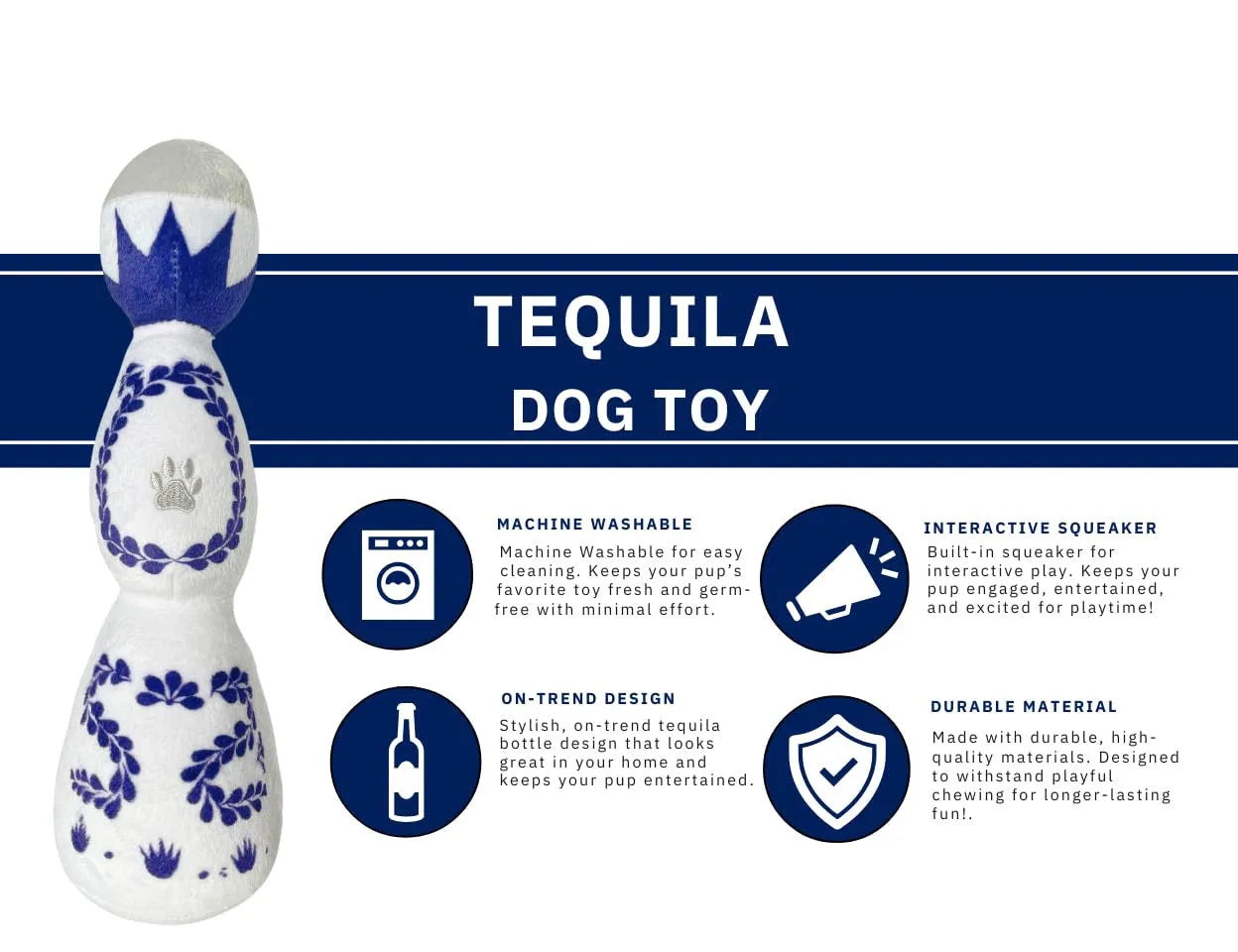 Red and white tequila bottle plush dog toy with squeaker for playful chewing and fetch games