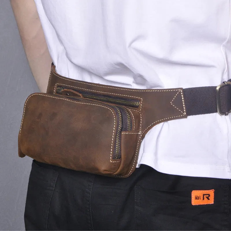 Brown top layer cowhide men's sports waist bag with pull closure and internal phone compartment