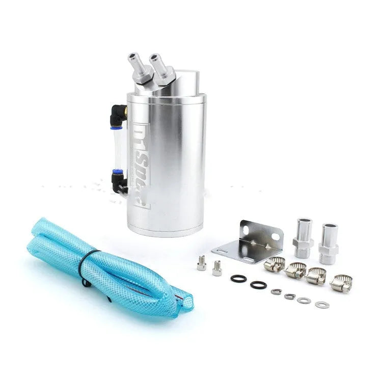 Square and round oil catch tanks for car modification in black, red, silver, and blue colours