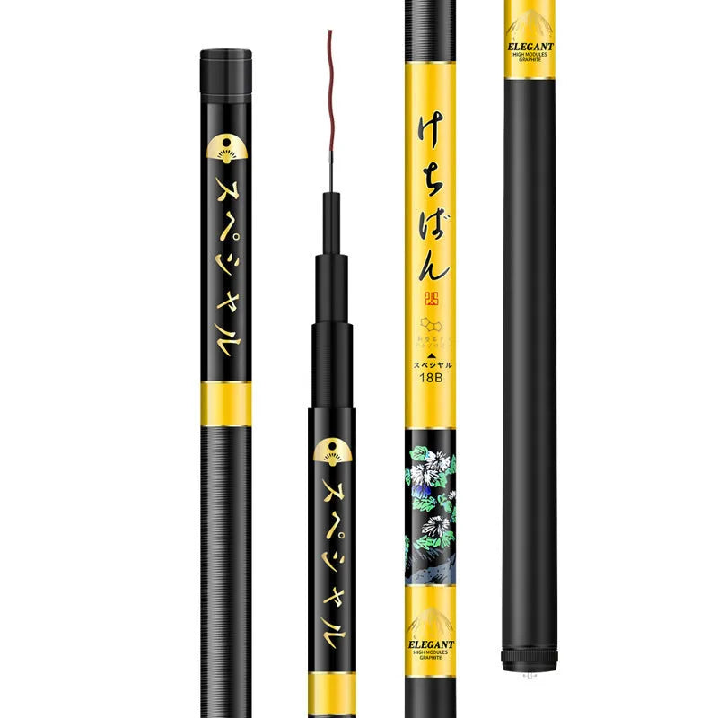 5H19 hardened carbon fishing rod with 28 fishing and 19 fishing colour options, shown in a 3.6m to 7.2m length range