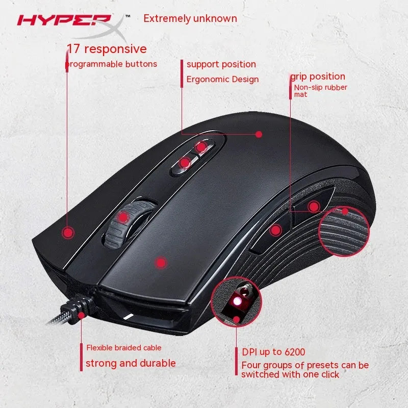 Black and pink versions of a wired RGB gaming mouse with USB cable on a desk.
