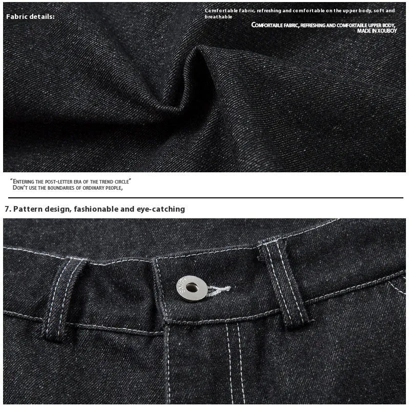 Black pleated multi-pocket workwear jeans with a mid waist and zip fly.