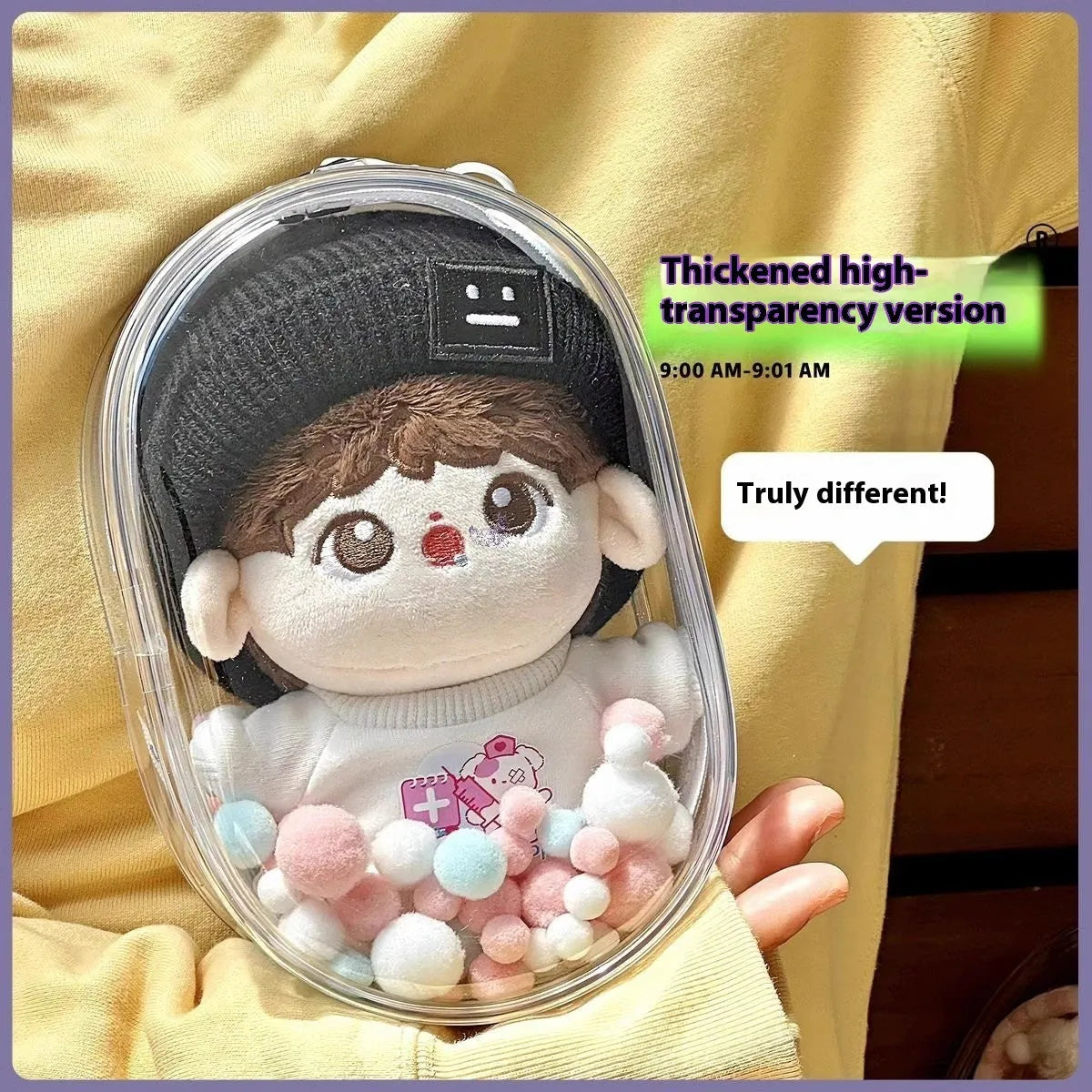 Transparent PVC cube storage bag with keychain in avocado green colour, 17cm size, containing postcards