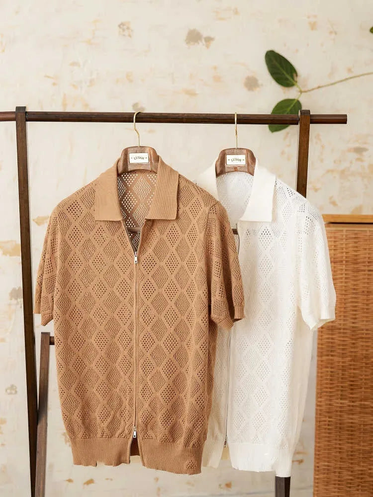 Cotton zipper front cardigan with lapel collar in light coffee colour, short sleeves, casual wear