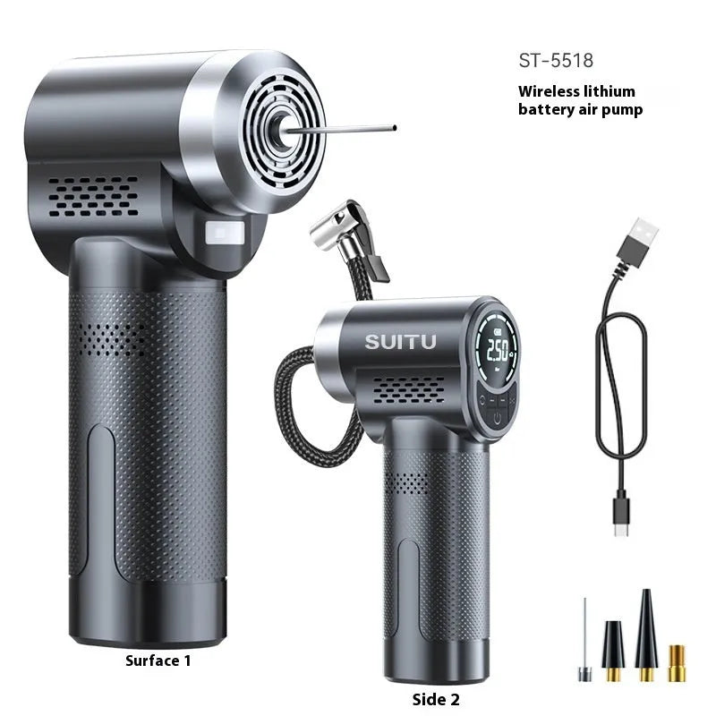 ST-5518 portable wireless air pump with nozzle accessories on black background