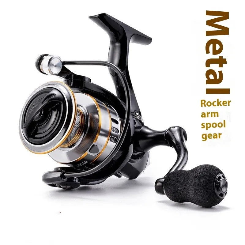 All-metal spinning fishing reel with no-gap design and EVA grip in multiple size options