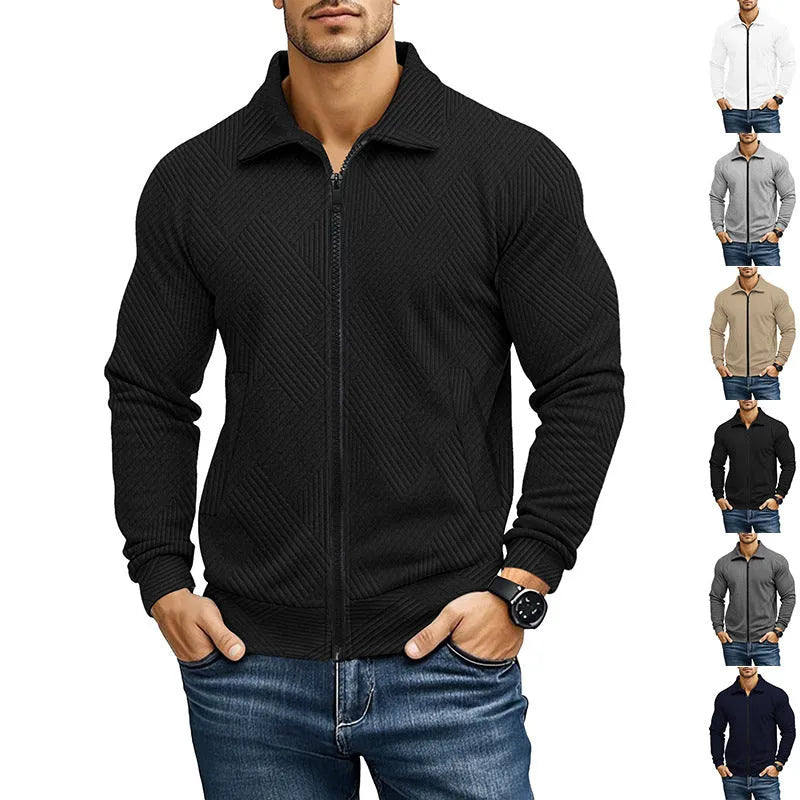 Men's solid colour British-style casual jacket with a turn-down waffle collar and long sleeves.
