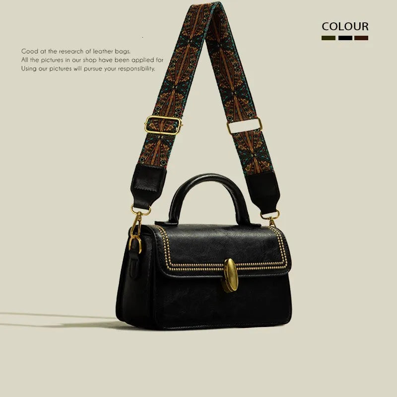 Brown retro messenger bag with square vertical shape, sandwich pocket, and internal phone compartment, measuring 23cm by 8cm by 12.5cm