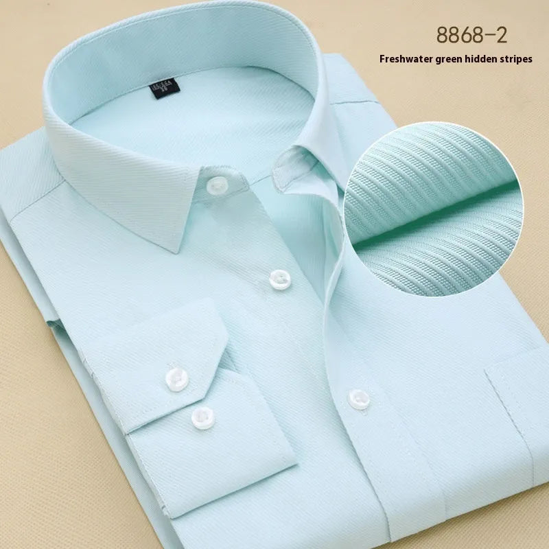 Men's black long sleeve business shirt with slim fit design on hanger showing cardigan style and cotton fabric texture