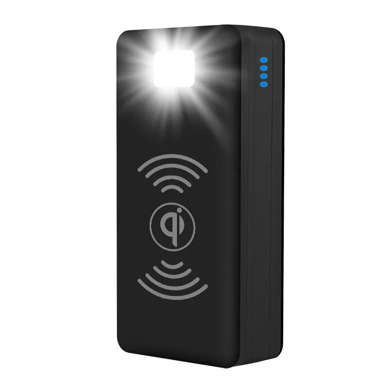 Solar wireless power bank in black with orange accents, showing solar panel and dimensions.