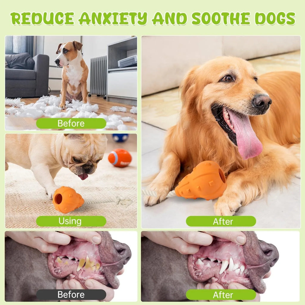 Stuffable dog toy in natural rubber, 30cm long with hollow interior for treats, designed for fetch and chew games