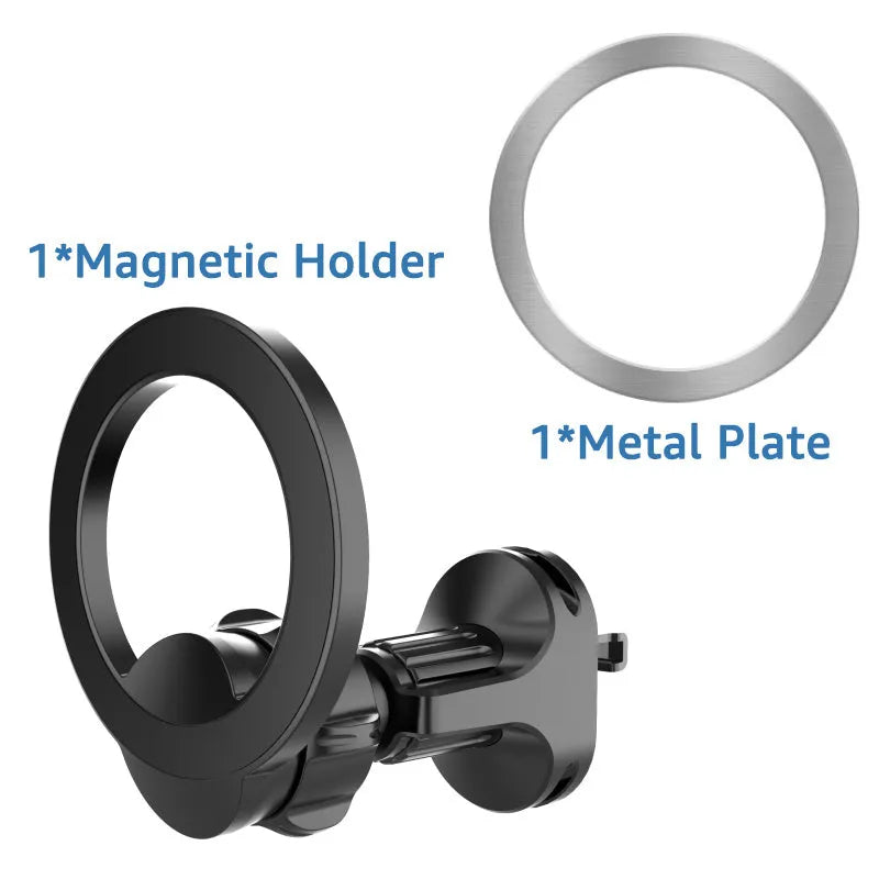 Black magnetic car phone holder attached to vehicle air vent with O-ring bracket design