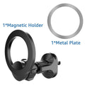Black magnetic car phone holder attached to vehicle air vent with O-ring bracket design