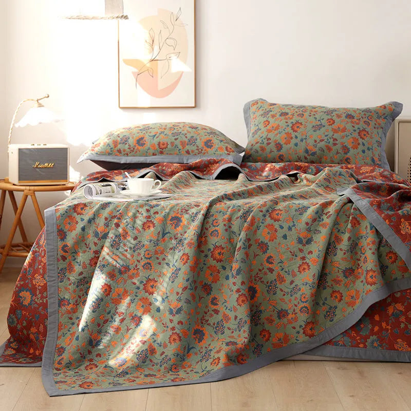 Three-piece cotton gauze bed blanket set with plant patterns in Flower Story colour options
