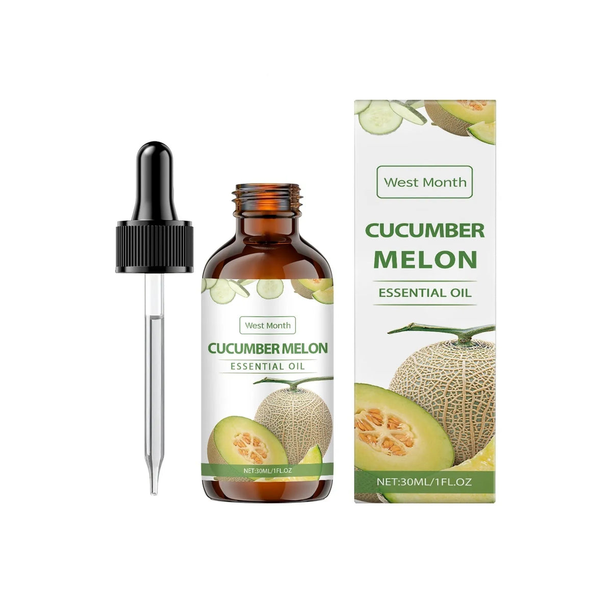 Cucumber melon essential oil bottle with vitamin E and glycerin for topical skincare use