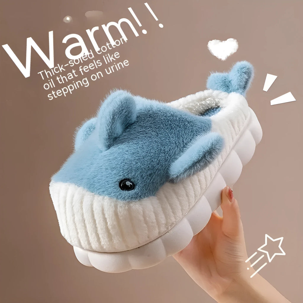 Women's shark slippers with fluffy upper and thick sole, available in black, sky blue, and brown.