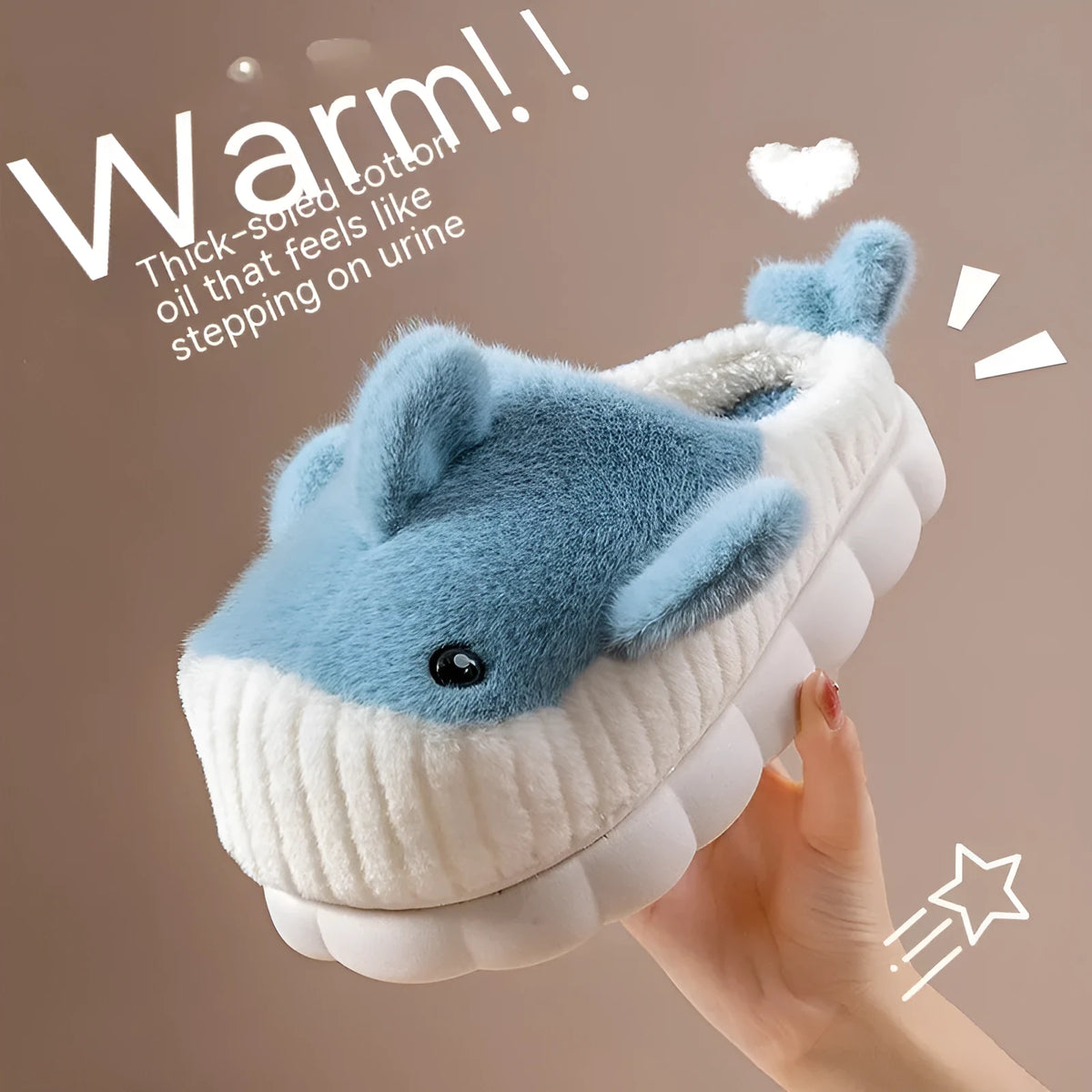 Women's shark slippers with fluffy upper and thick sole, available in black, sky blue, and brown.