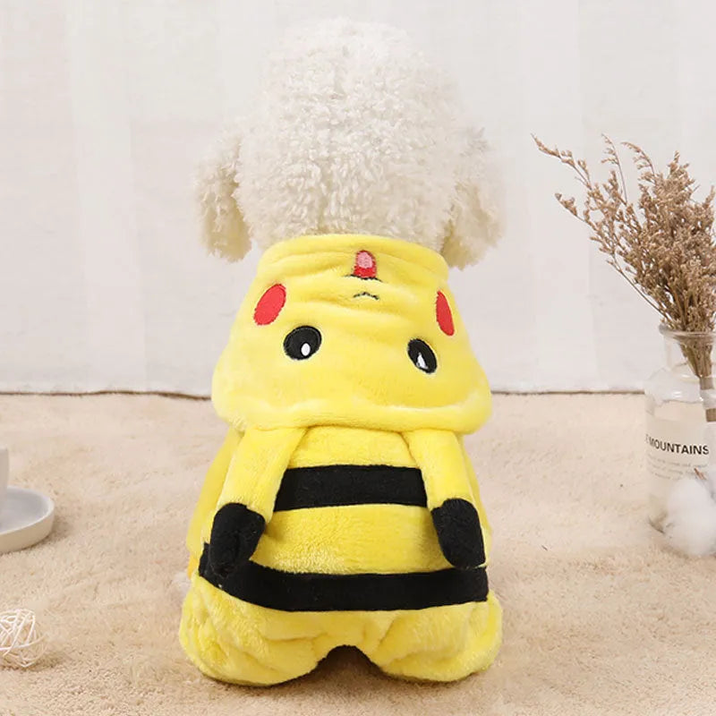 Cat wearing fleece hoodie coat with cartoon design for autumn winter indoor wear