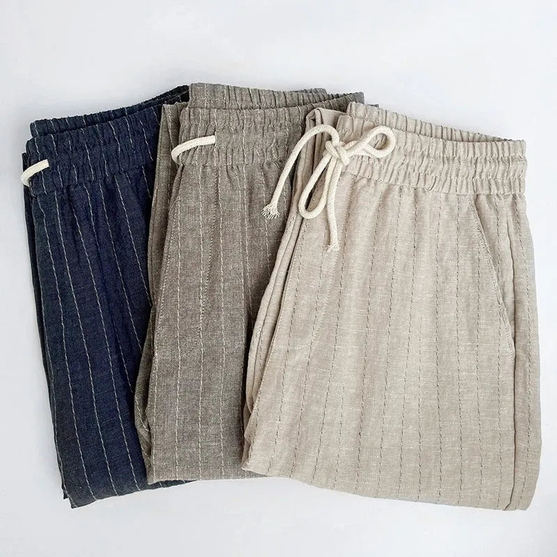 Men's striped cotton-linen cropped trousers in khaki, coffee, navy blue and white colour options