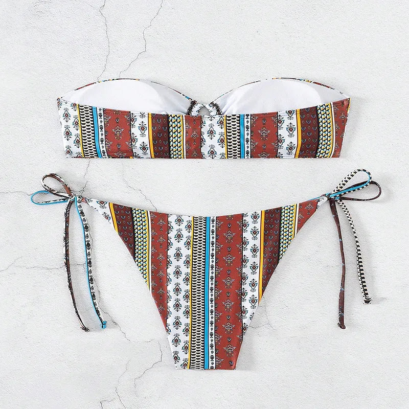 Women's mixed colour swimsuit with lace-up front and split high-cut legs