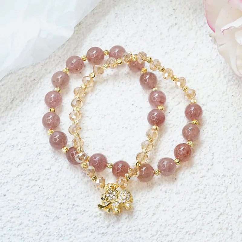 Women's retro bracelet with colour hair crystal and strawberry quartz stones in ethnic design