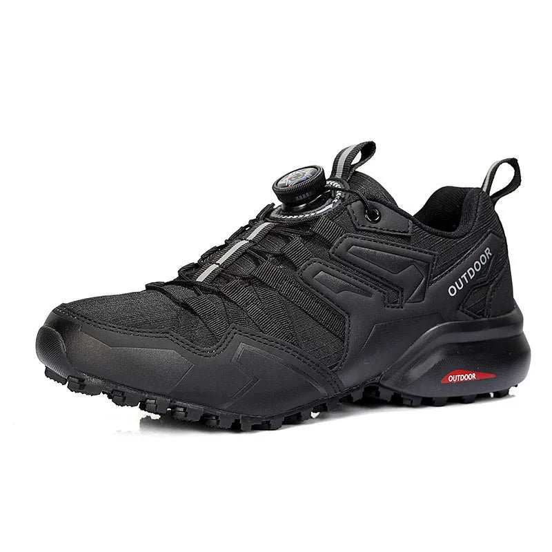 Men's beige outdoor hiking shoes with elastic band and rubber sole for sports and riding.