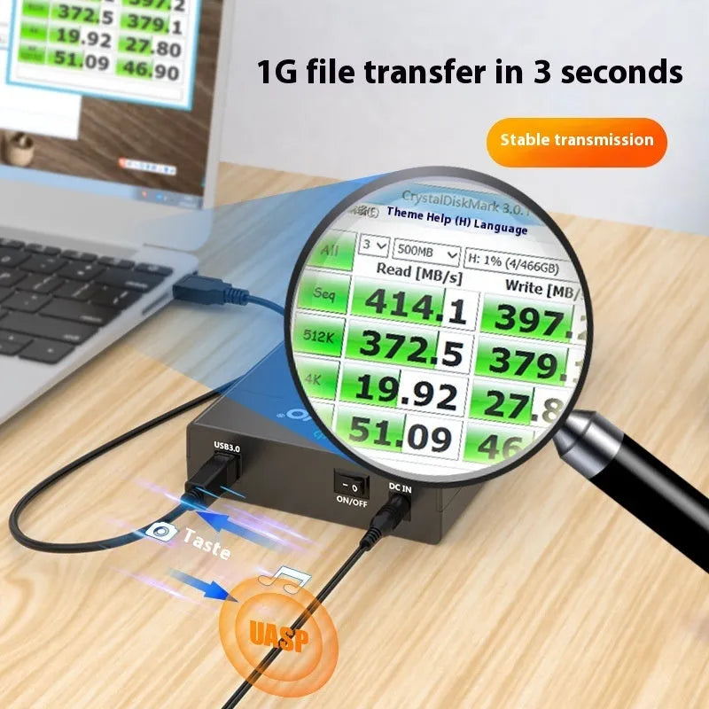 USB 3.0 SATA hard disk box for 3.5-inch drives with slide cover, power supply, and cable