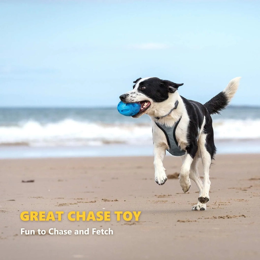 Blue green orange natural rubber squeaky dog chew ball with surface grooves for medium large breed dogs