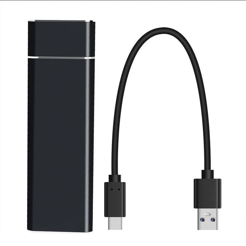 Sapphire blue portable external solid state hard disk drive with metal shell next to a USB cable.