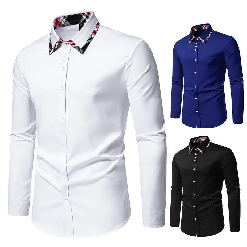 Men's blue plaid shirt with triangle collar and long sleeves, casual style, on hanger