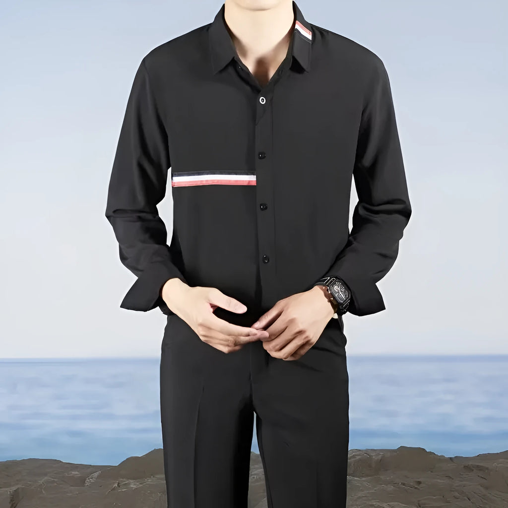 Man's loose-fit Hong Kong style cardigan shirt in a cotton blend fabric, shown in light blue.