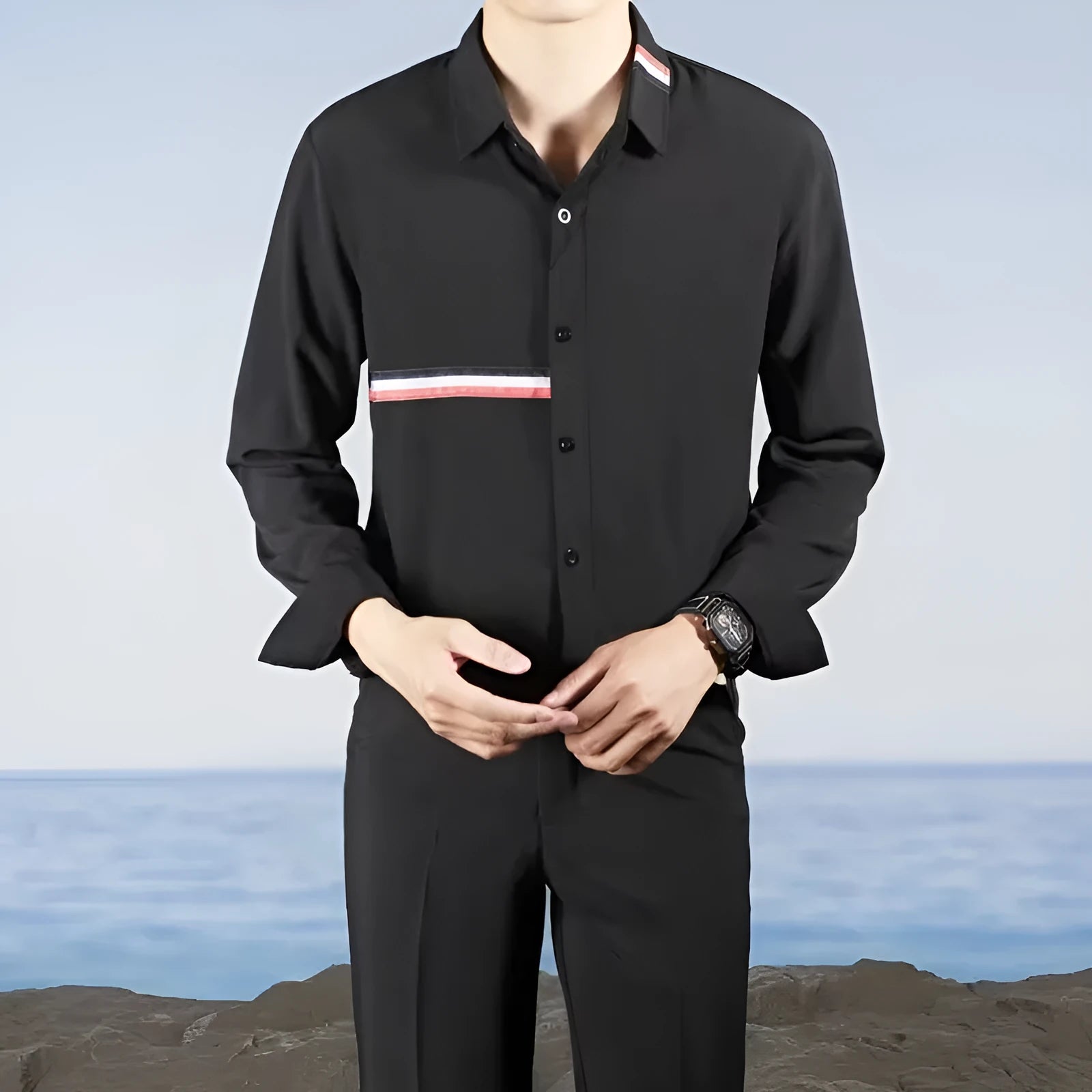 Man's loose-fit Hong Kong style cardigan shirt in a cotton blend fabric, shown in light blue.