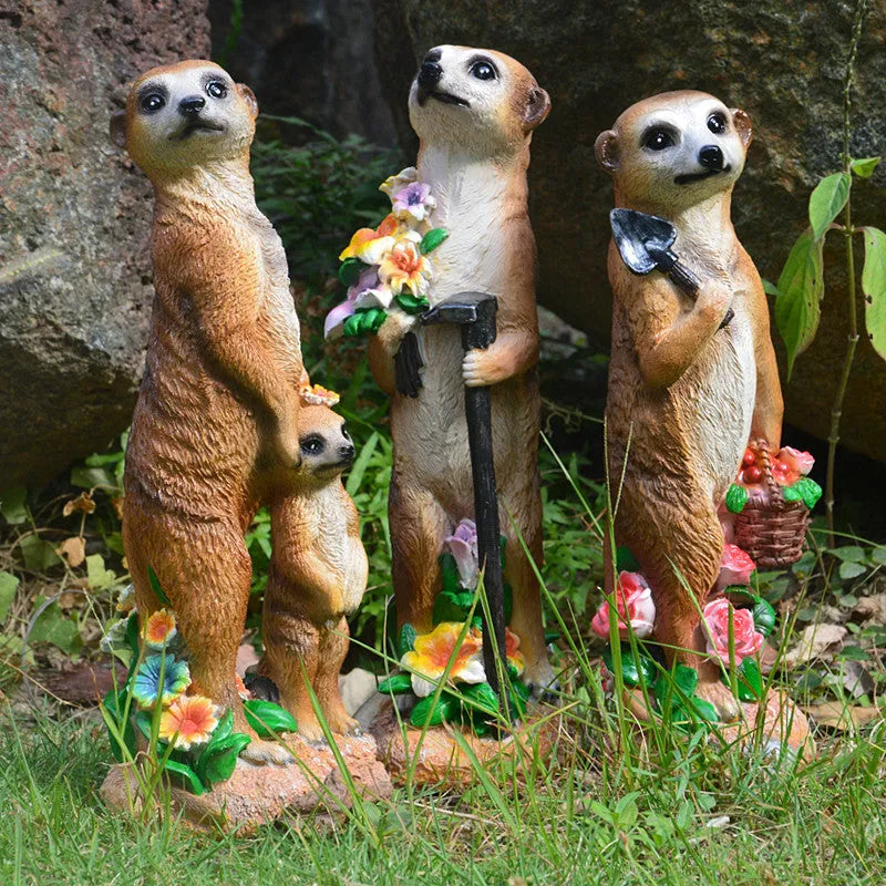Straw hat mongoose ornament in resin and plastic with detailed animal features and miniature tools