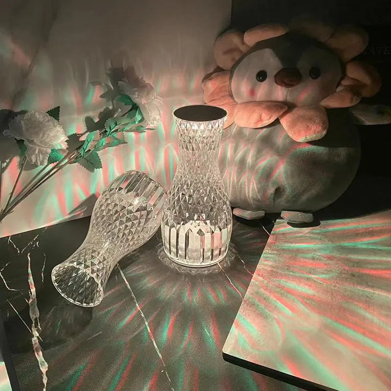 Vase-shaped crystal table lamp with remote control and USB charging port, 9cm wide by 19cm tall