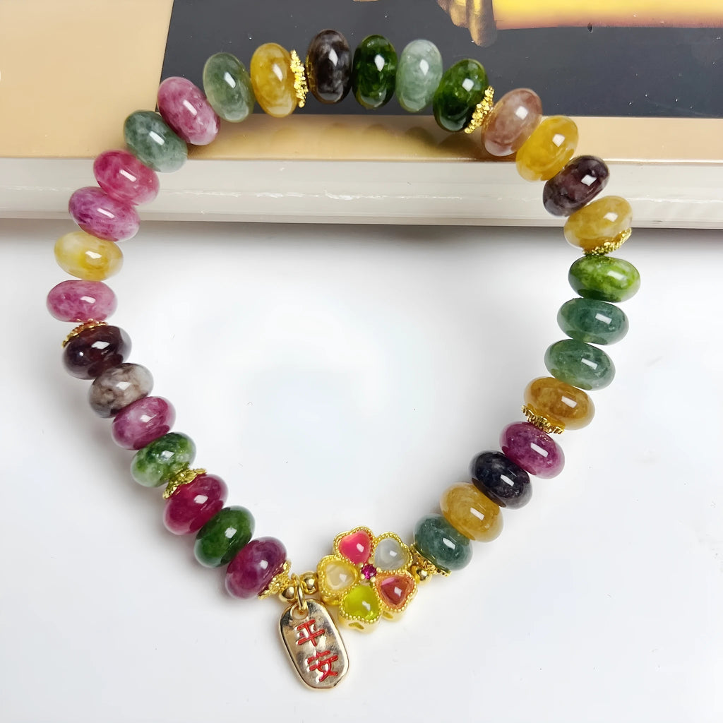 Colourful tourmaline abacus beads women's bracelet with artificial crystal construction