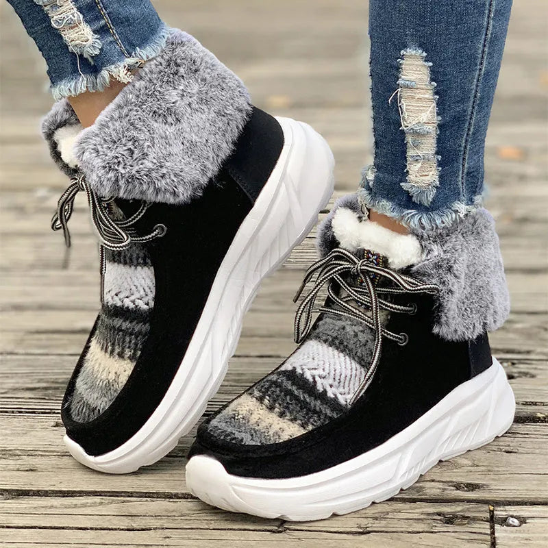 Women's lace-up snow boots in beige with suede upper, platform sole, and thermal plush lining for winter wear