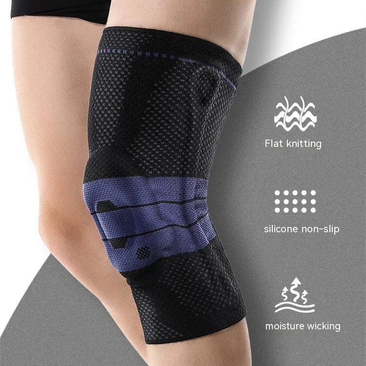 Black and blue knee pads with adjustable sizing for sports protection, made from nylon and spandex materials