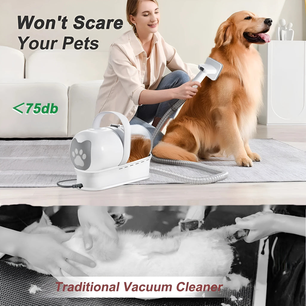 White 7-in-1 vacuum trimming pet grooming device with lady shaver attachment for dogs