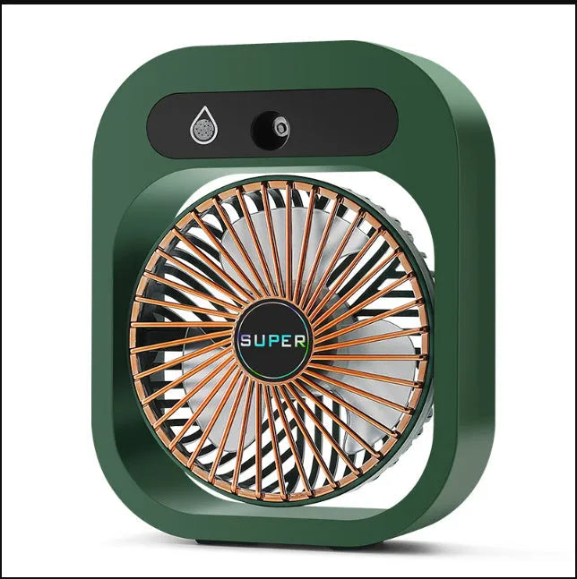 Green and white USB rechargeable portable misting fan and humidifier with adjustable wind direction