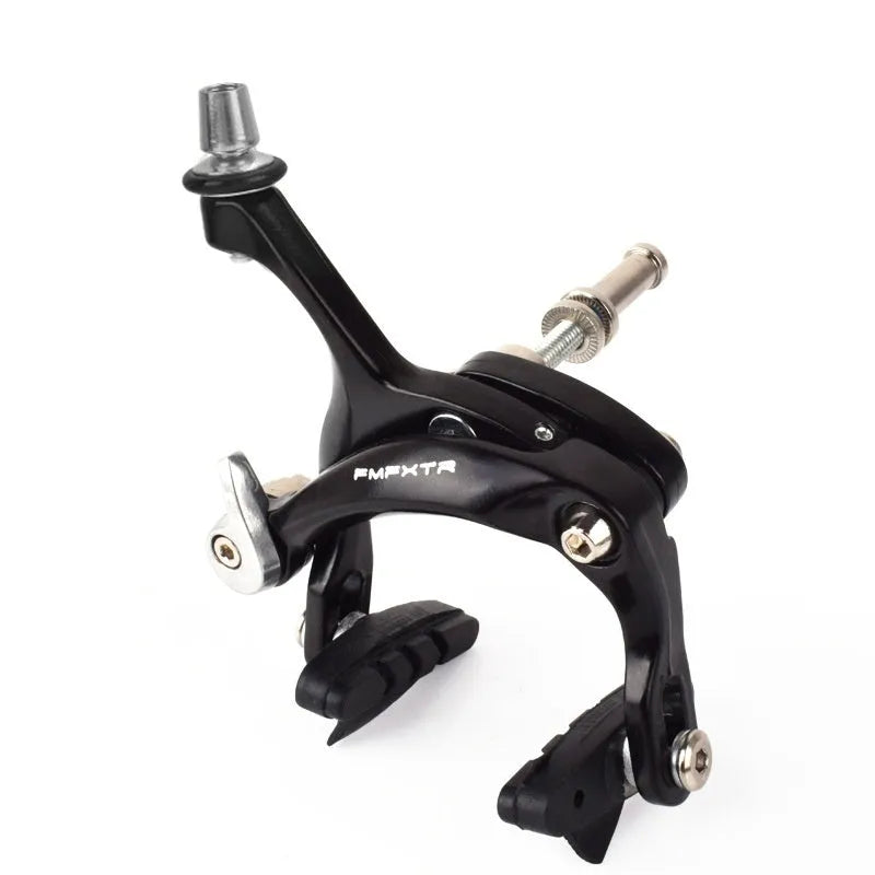 A pair of black and silver U-shaped metal bicycle brake clamps for road bike upgrades.