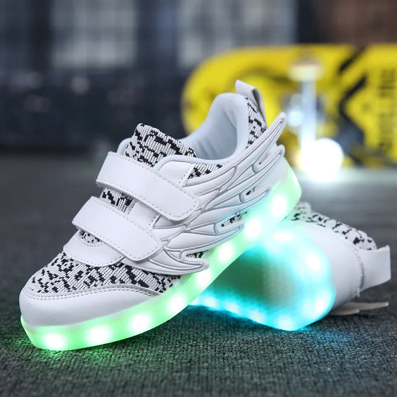 Children's LED light-up sneakers in plum red or white with USB charging port and hidden switch for light modes
